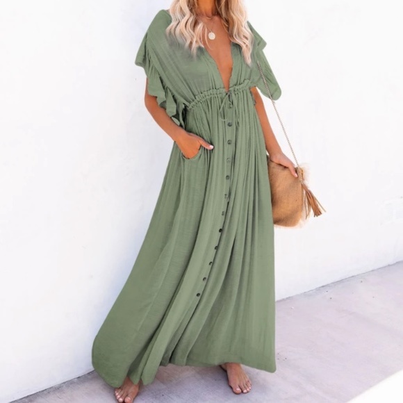 Dresses & Skirts - Sage Green Gauze Boho Button Maxi Dress